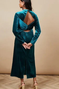 Velvet High Neck Twist Back Midi Dress
