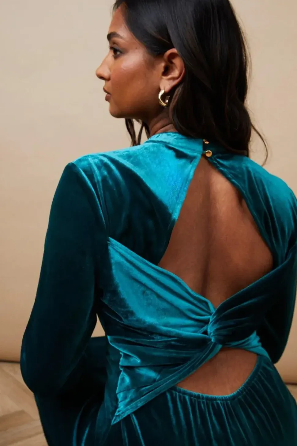 Velvet High Neck Twist Back Midi Dress