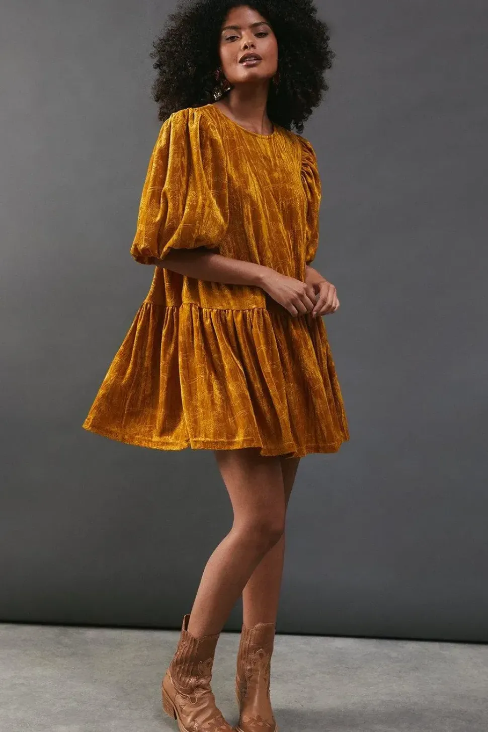 Velvet Jacquard Drop Waist Mini Smock Dress