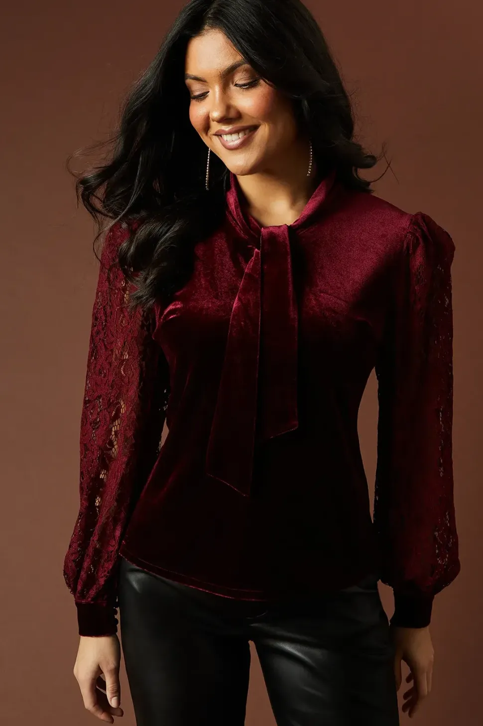 Velvet Lace Sleeve Tie Neck Blouse