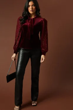 Velvet Lace Sleeve Tie Neck Blouse