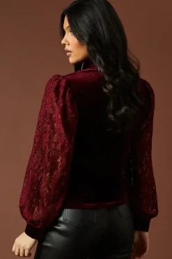 Velvet Lace Sleeve Tie Neck Blouse