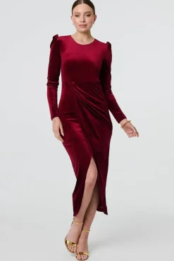 Velvet Long Puff Sleeve Split Hem Midi Dress
