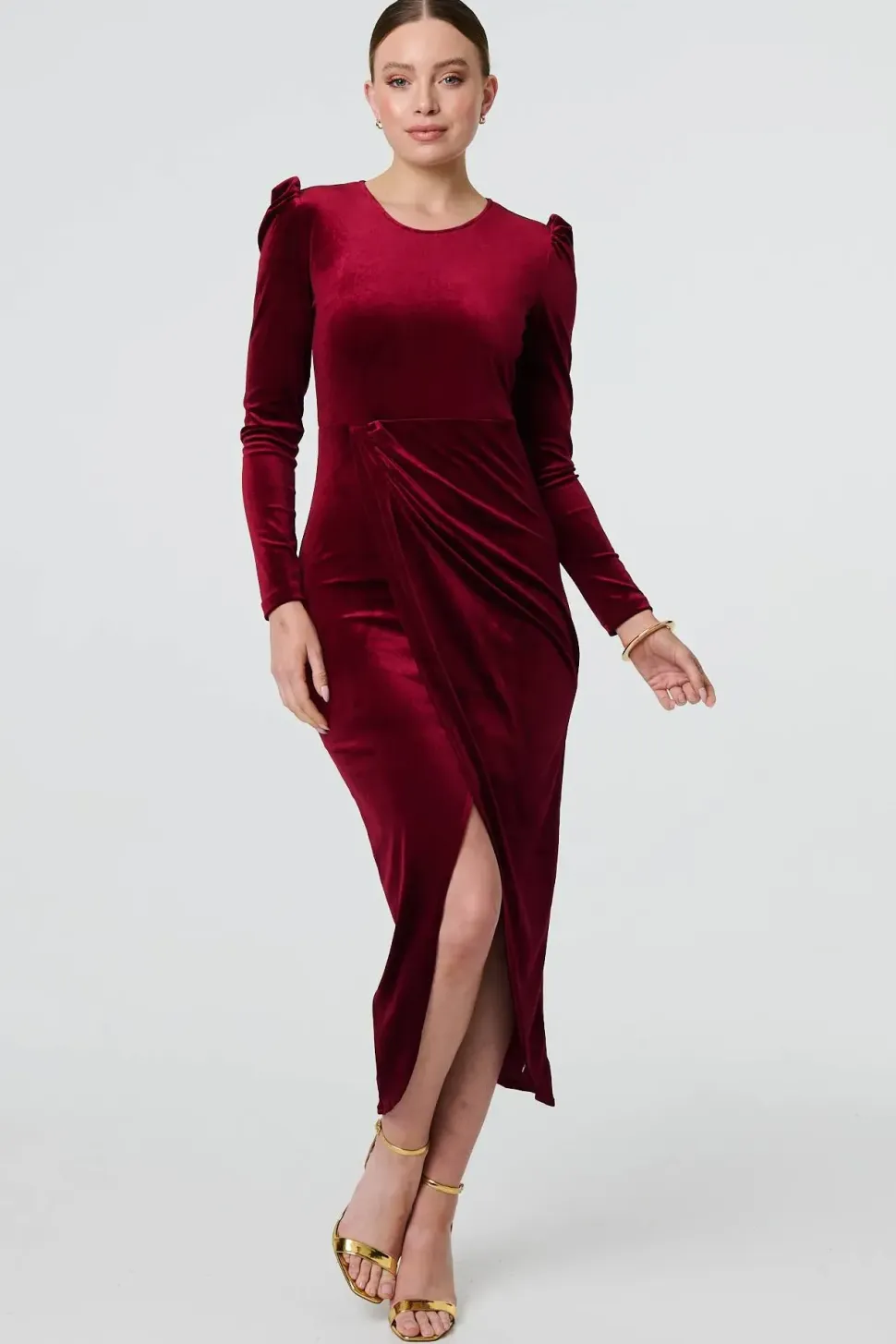 Velvet Long Puff Sleeve Split Hem Midi Dress