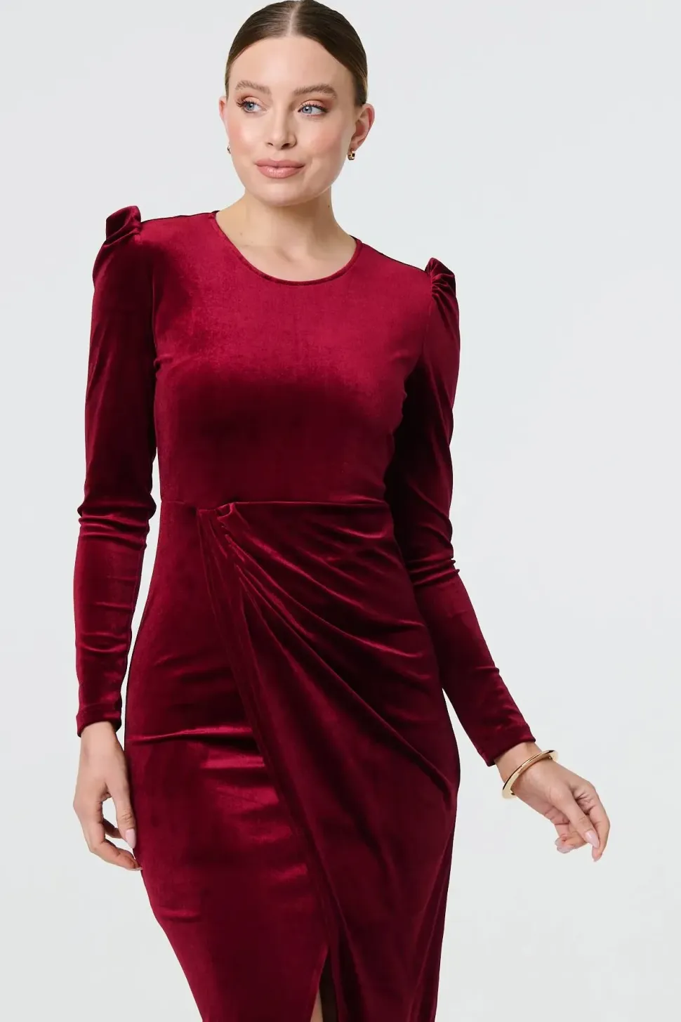 Velvet Long Puff Sleeve Split Hem Midi Dress