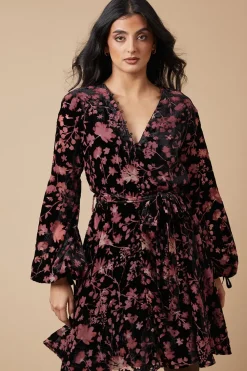 Velvet Long Sleeve Button Detail Mini Dress