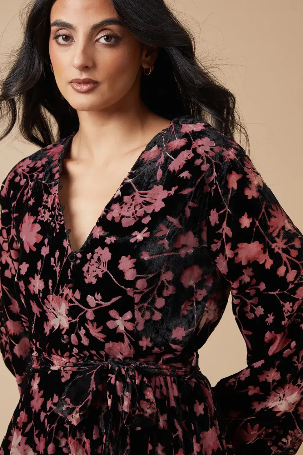 Velvet Long Sleeve Button Detail Mini Dress