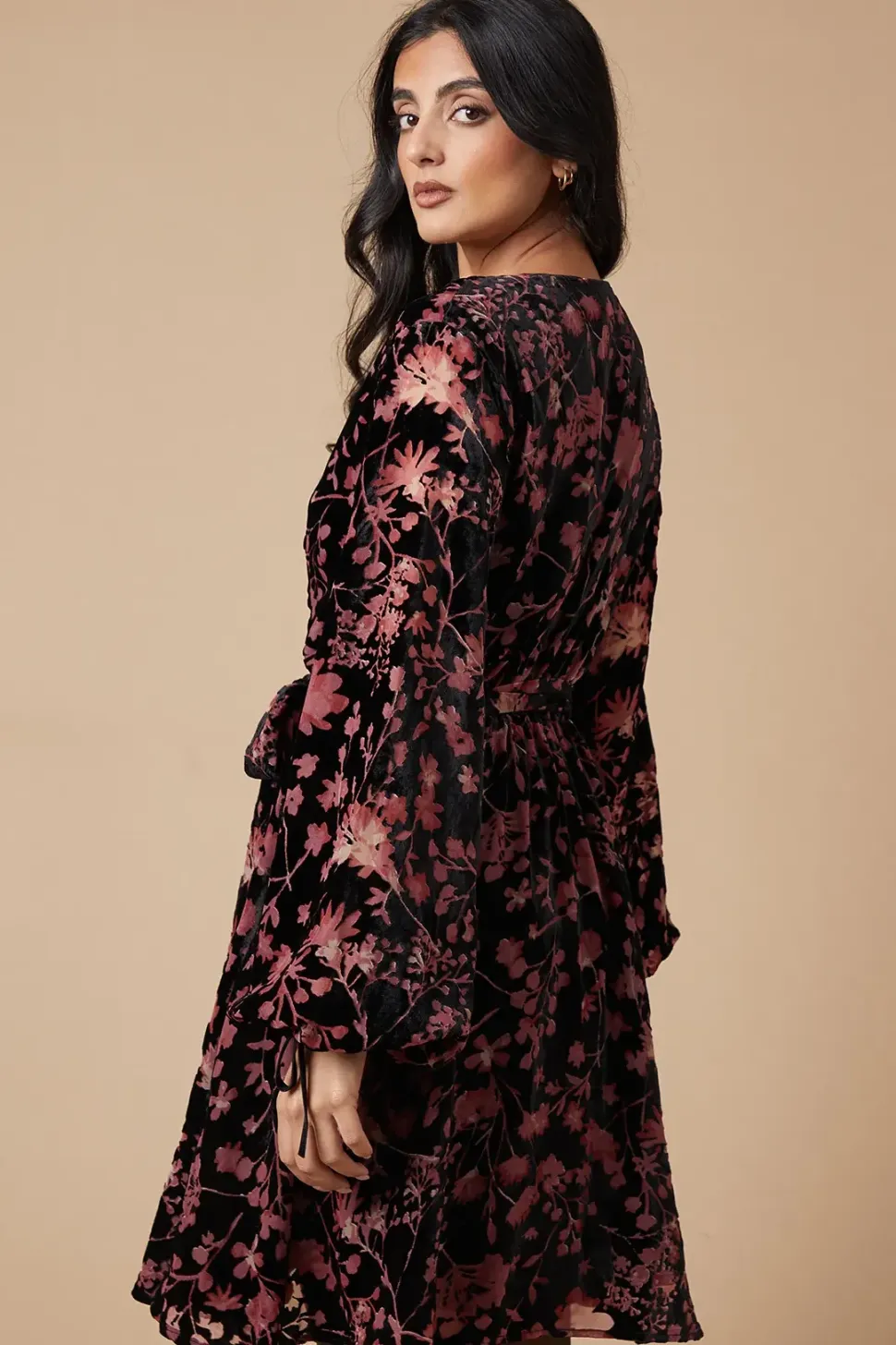 Velvet Long Sleeve Button Detail Mini Dress