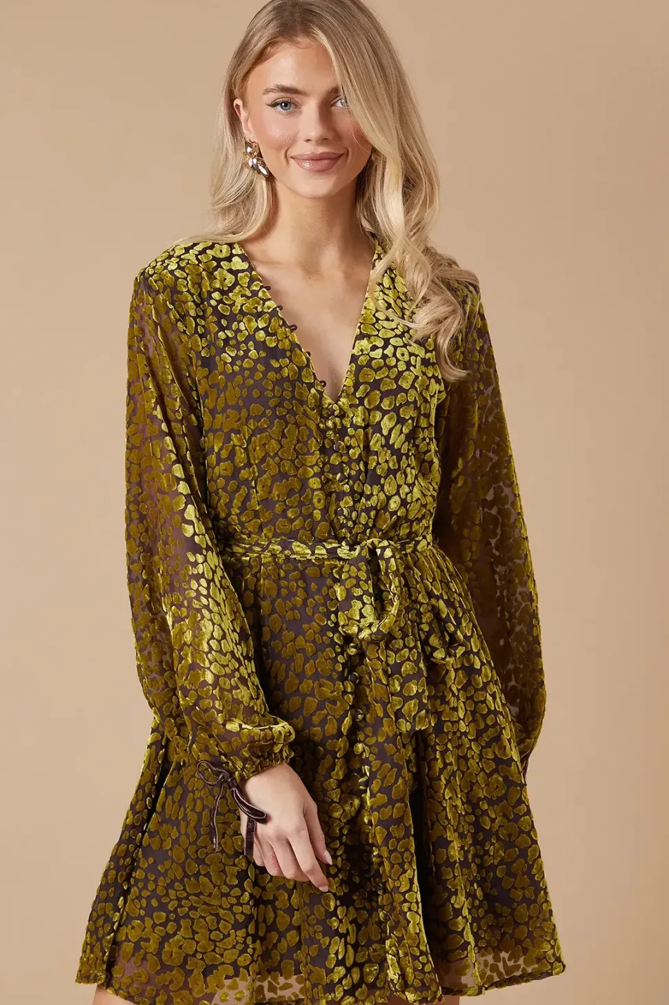 Velvet Long Sleeve Button Detail Mini Dress