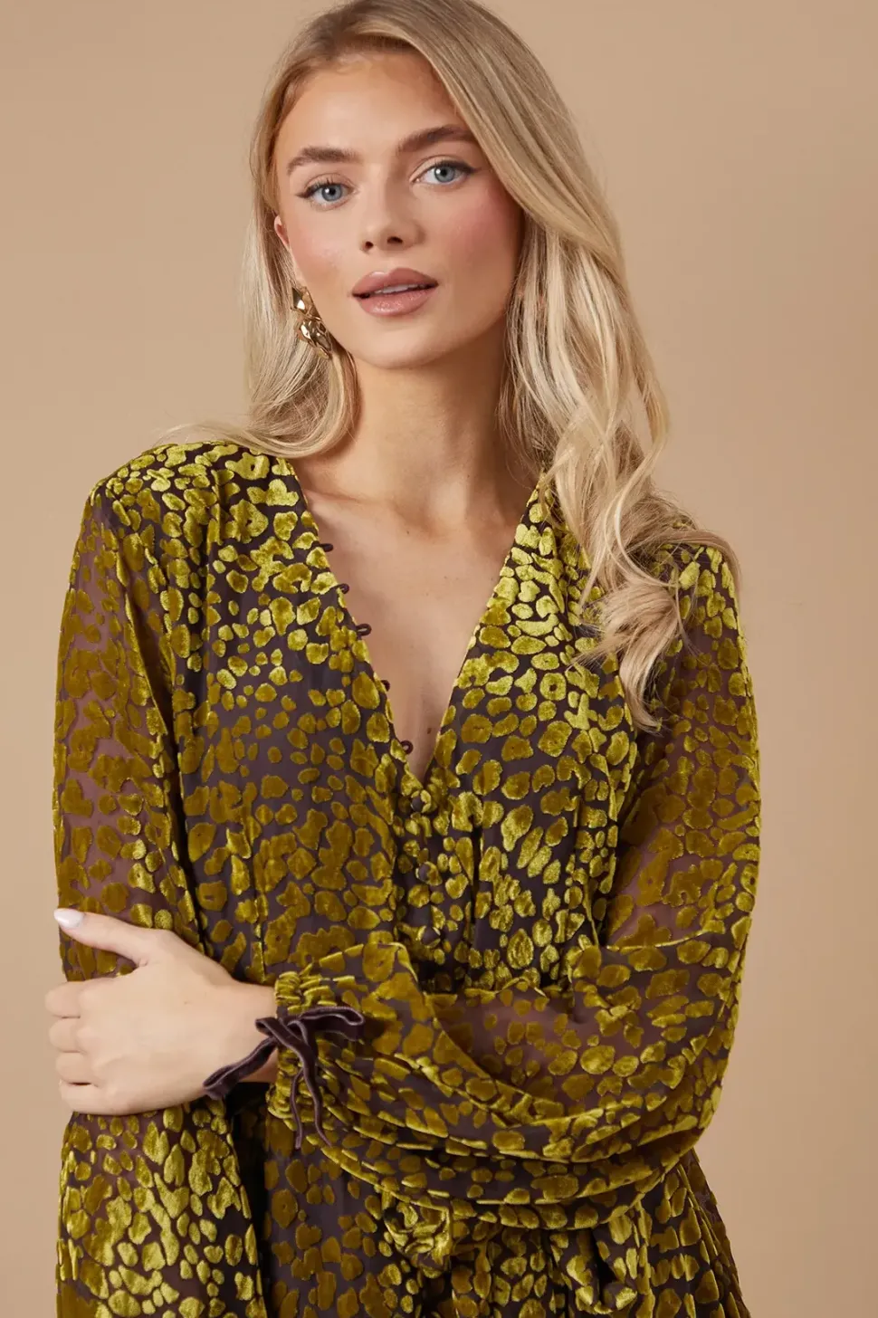Velvet Long Sleeve Button Detail Mini Dress