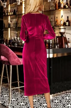 Velvet Long Sleeve Midi Dress In Violet Red