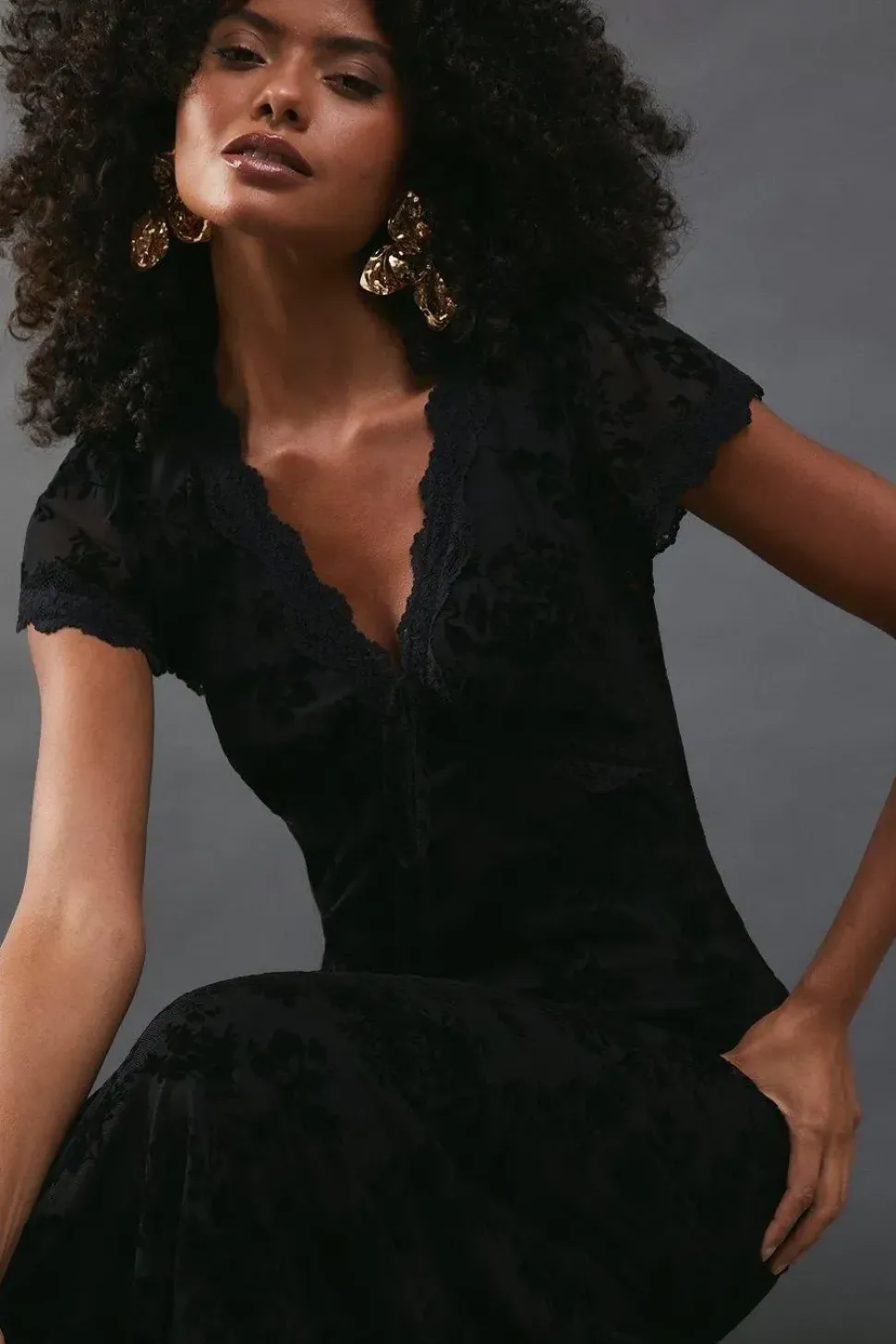 Velvet Mesh Lace Insert Midi Tea Dress