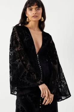 Velvet Plunge Neck Flared Sleeve Button Through Midi Dress