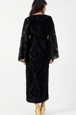 Velvet Plunge Neck Flared Sleeve Button Through Midi Dress