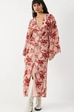Velvet Plunge Neck Flared Sleeve Button Through Midi Dress