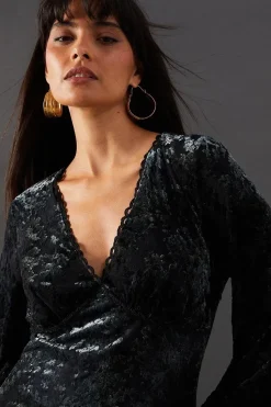 Velvet Plunge Neck Lace Insert Midi Dress
