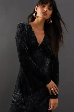 Velvet Plunge Neck Lace Insert Midi Dress
