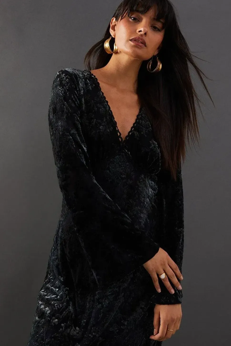 Velvet Plunge Neck Lace Insert Midi Dress