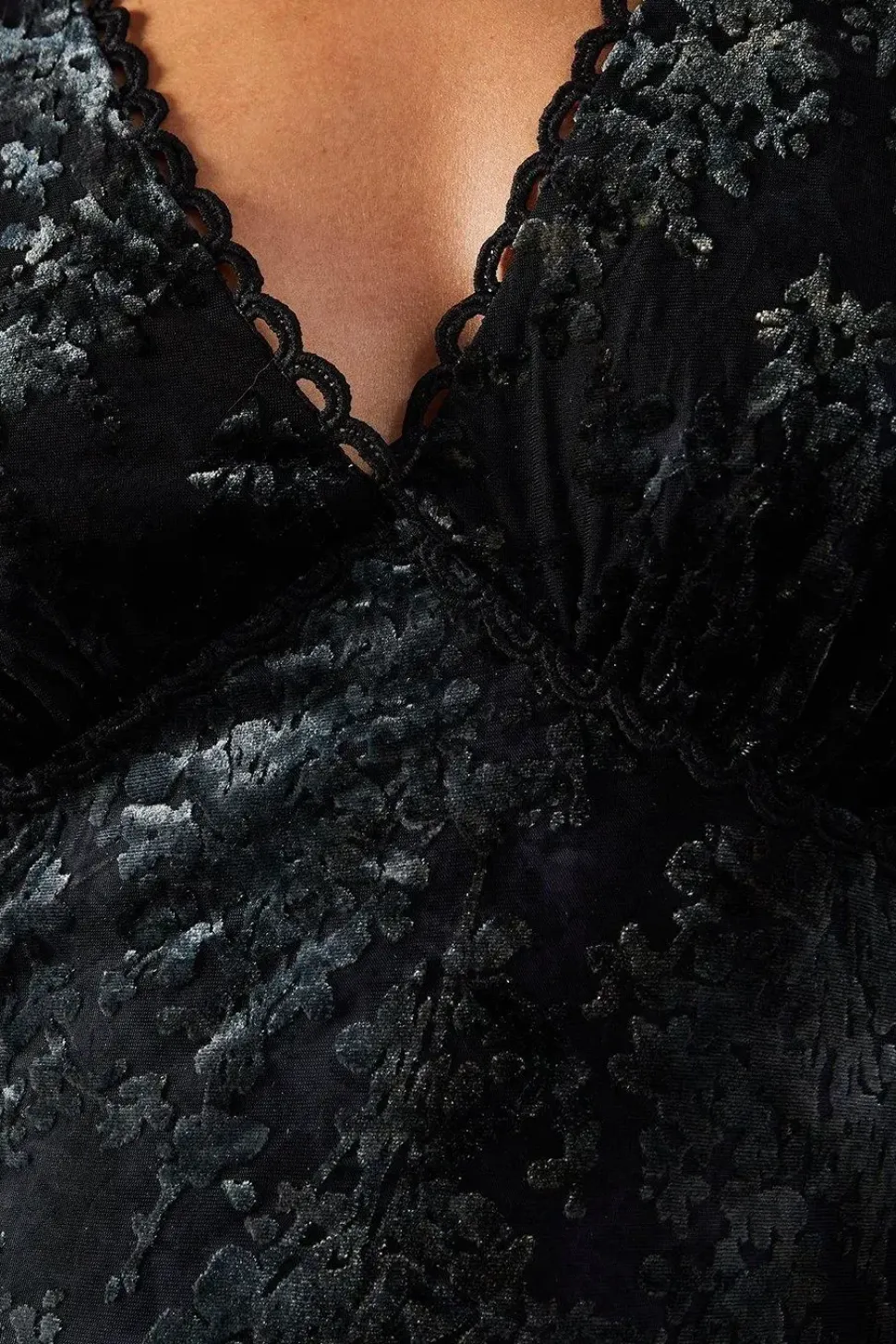 Velvet Plunge Neck Lace Insert Midi Dress