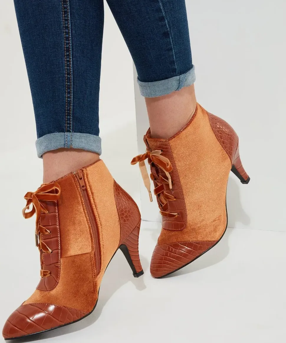 Velvet PU Croc Heeled Ankle Boots