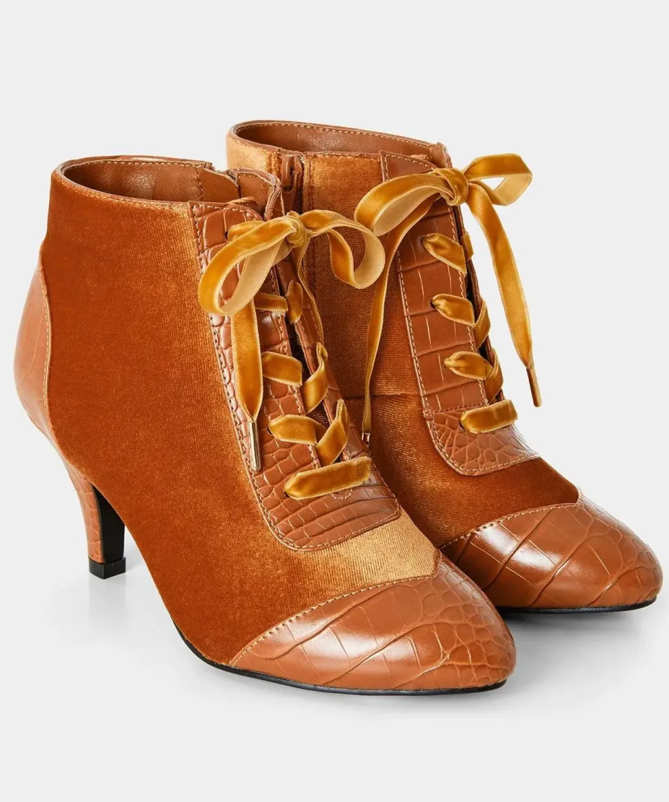 Velvet PU Croc Heeled Ankle Boots
