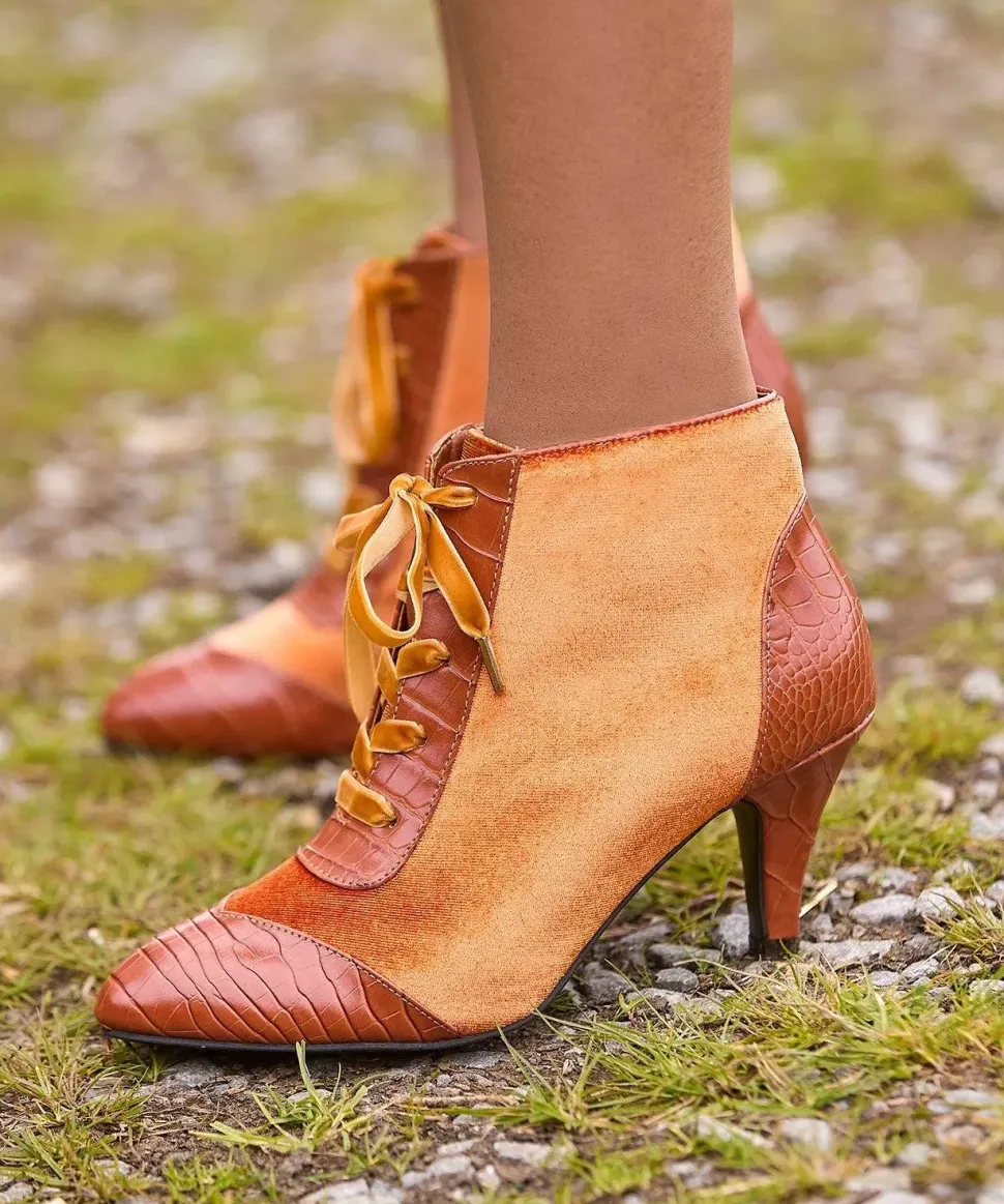Velvet PU Croc Heeled Ankle Boots