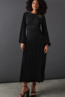 Velvet Ruched Body Puff Sleeve Midi Dress