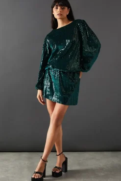 Velvet Sequin Blouson Long Sleeve Mini Dress
