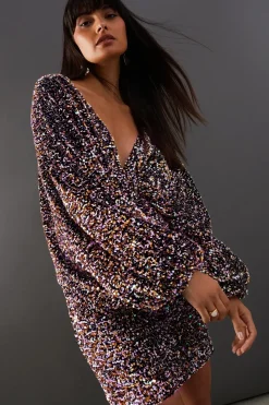 Velvet Sequin Plunge Neck Batwing Mini Dress