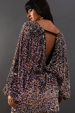 Velvet Sequin Plunge Neck Batwing Mini Dress