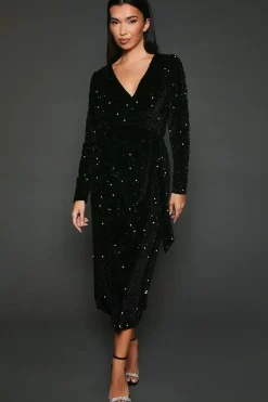 Velvet Sequin Wrap Midi Dress