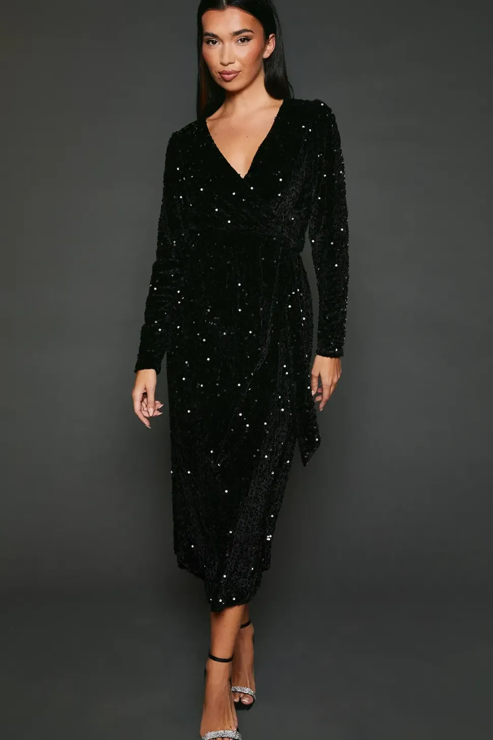 Velvet Sequin Wrap Midi Dress