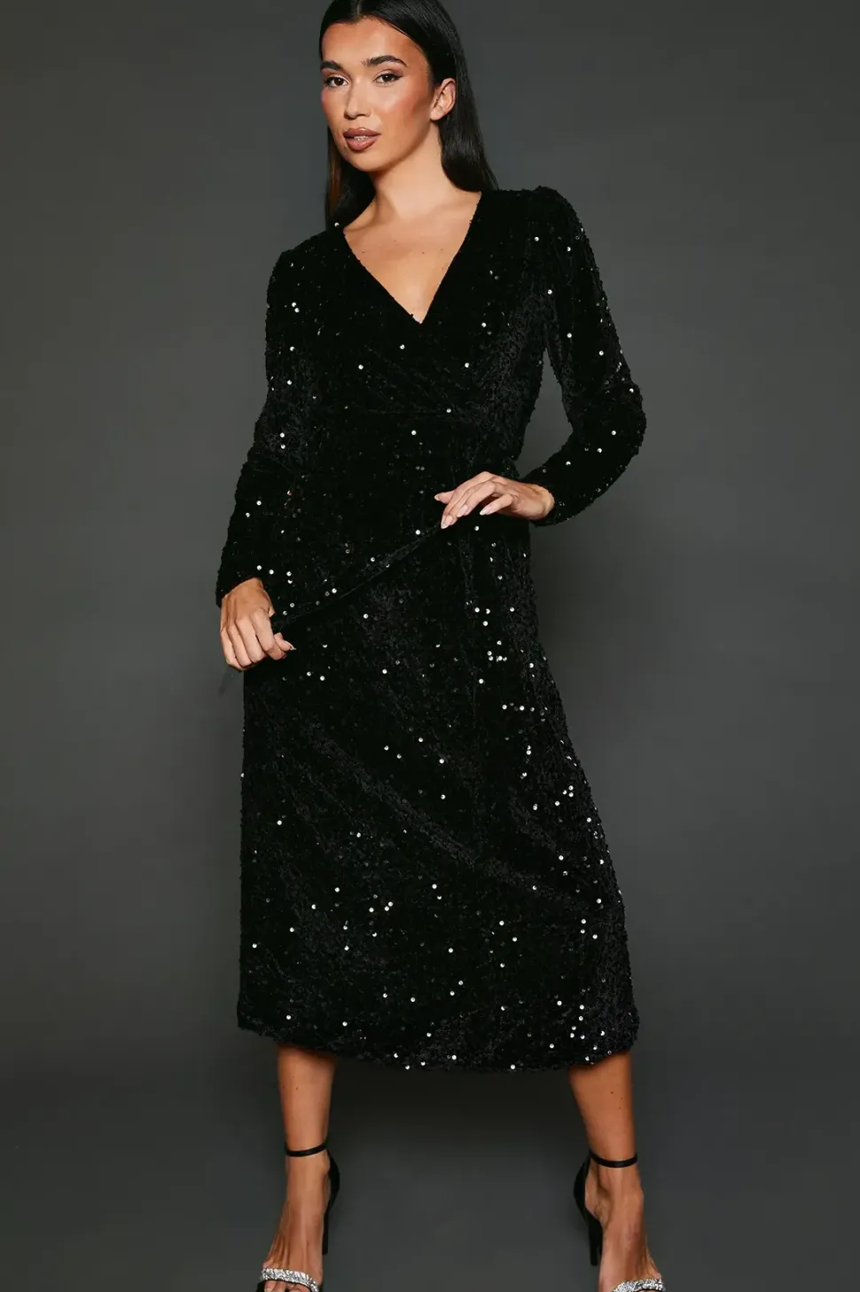 Velvet Sequin Wrap Midi Dress
