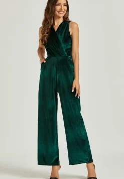 Velvet Wrap Jumpsuit In Green