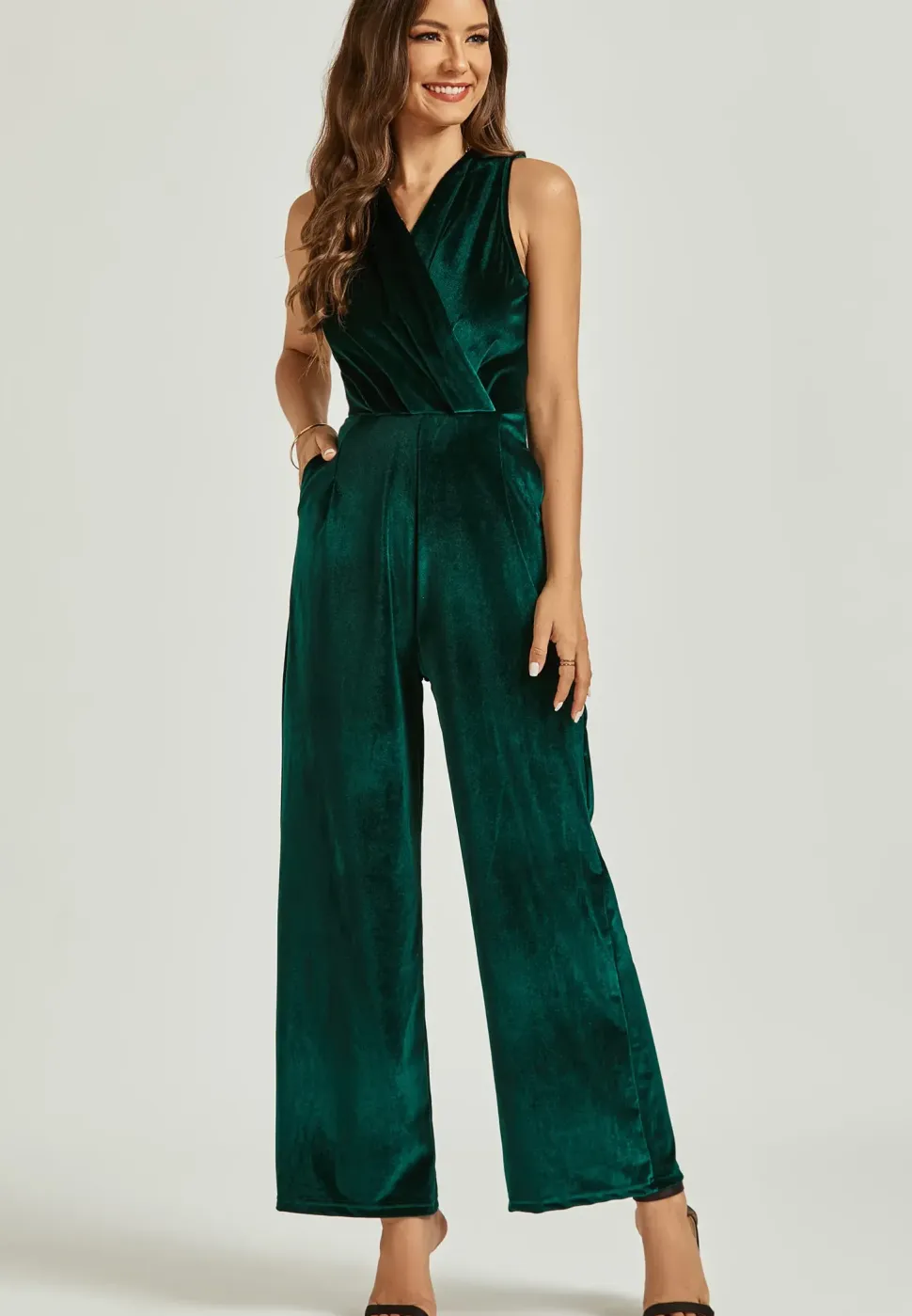 Velvet Wrap Jumpsuit In Green