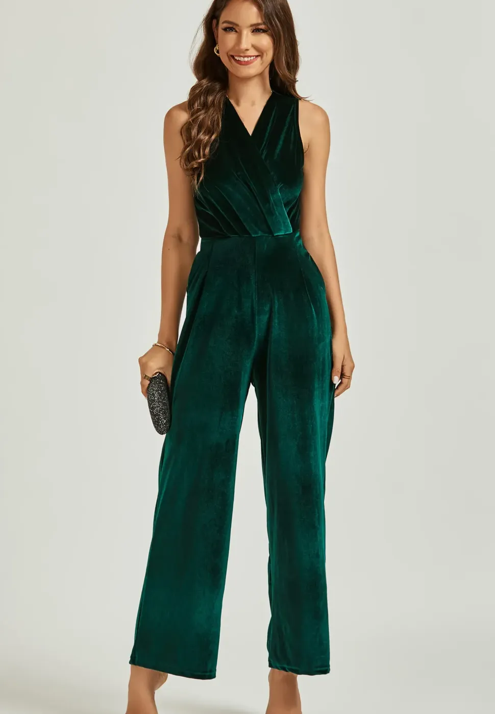 Velvet Wrap Jumpsuit In Green