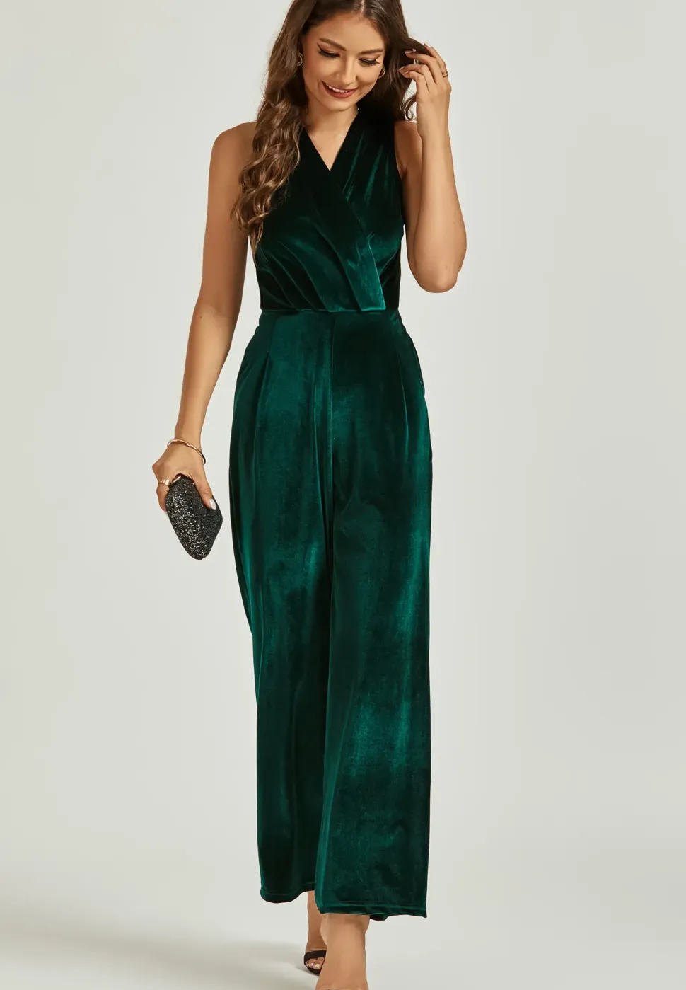 Velvet Wrap Jumpsuit In Green