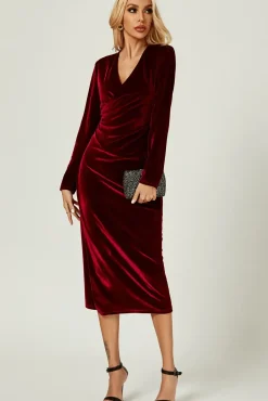 Velvet Wrap Style Long Sleeve Midi Dress In Wine