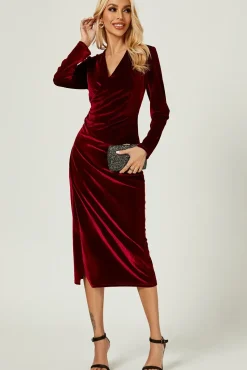 Velvet Wrap Style Long Sleeve Midi Dress In Wine