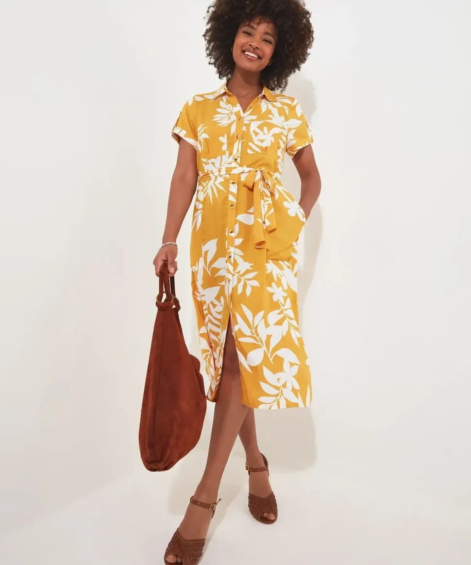 Vibrant Palm Printed Safari Style Shirt Dress