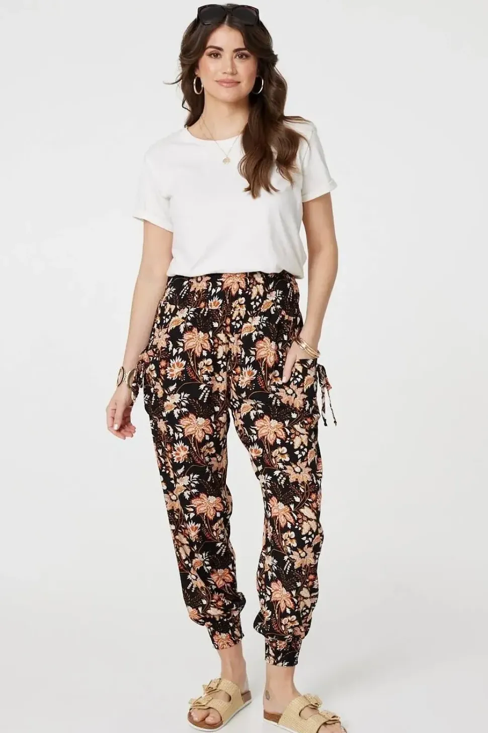 Vintage Floral Shirred Waist Harem Pants
