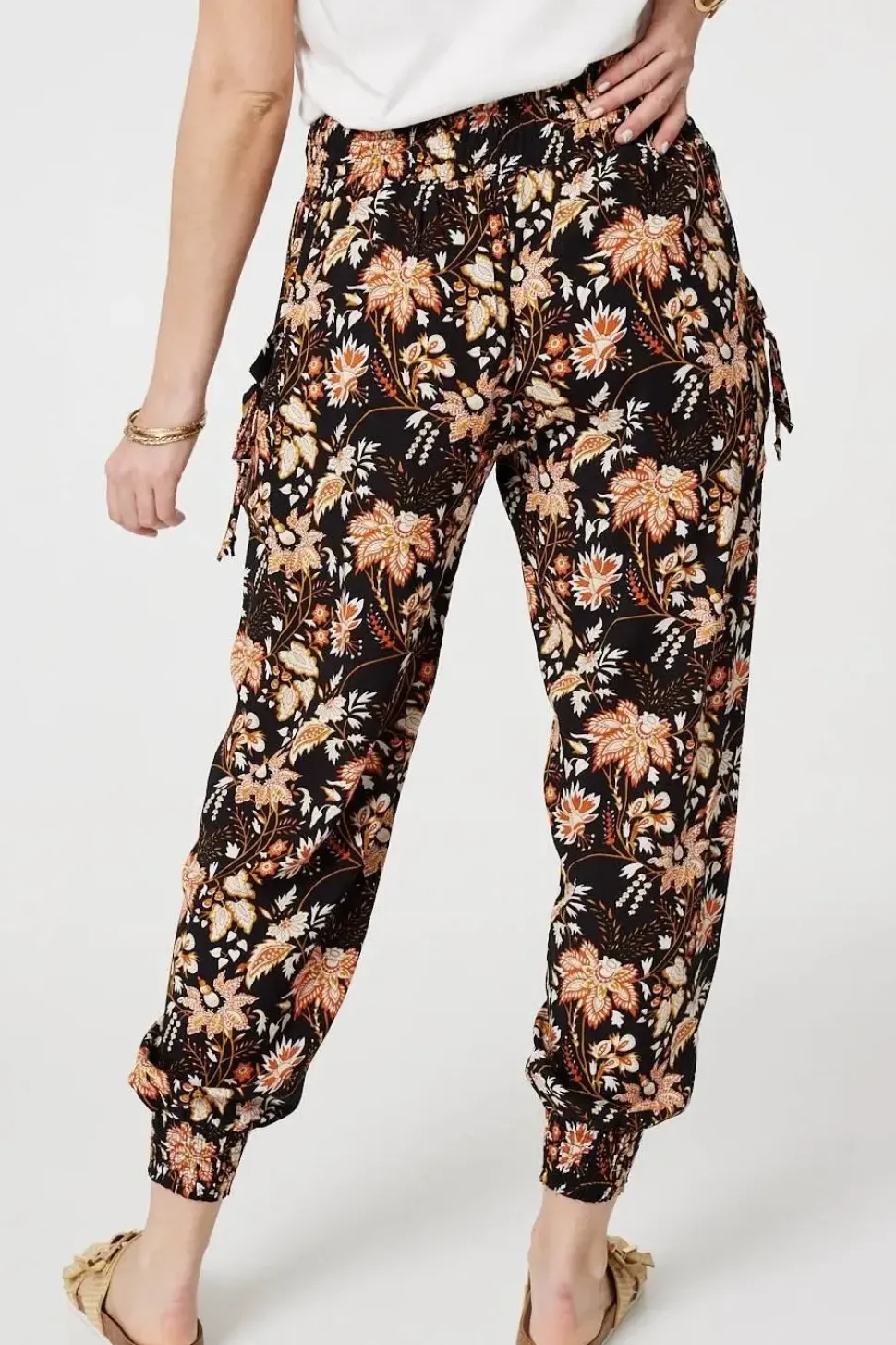 Vintage Floral Shirred Waist Harem Pants