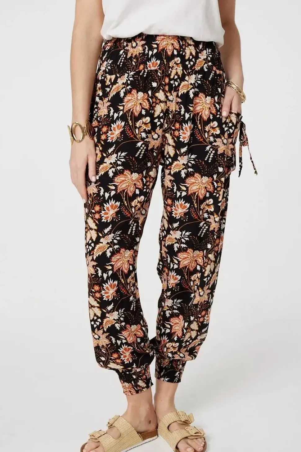 Vintage Floral Shirred Waist Harem Pants