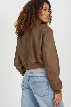 Vintage PU Cropped Bomber Jacket