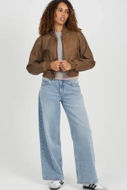 Vintage PU Cropped Bomber Jacket