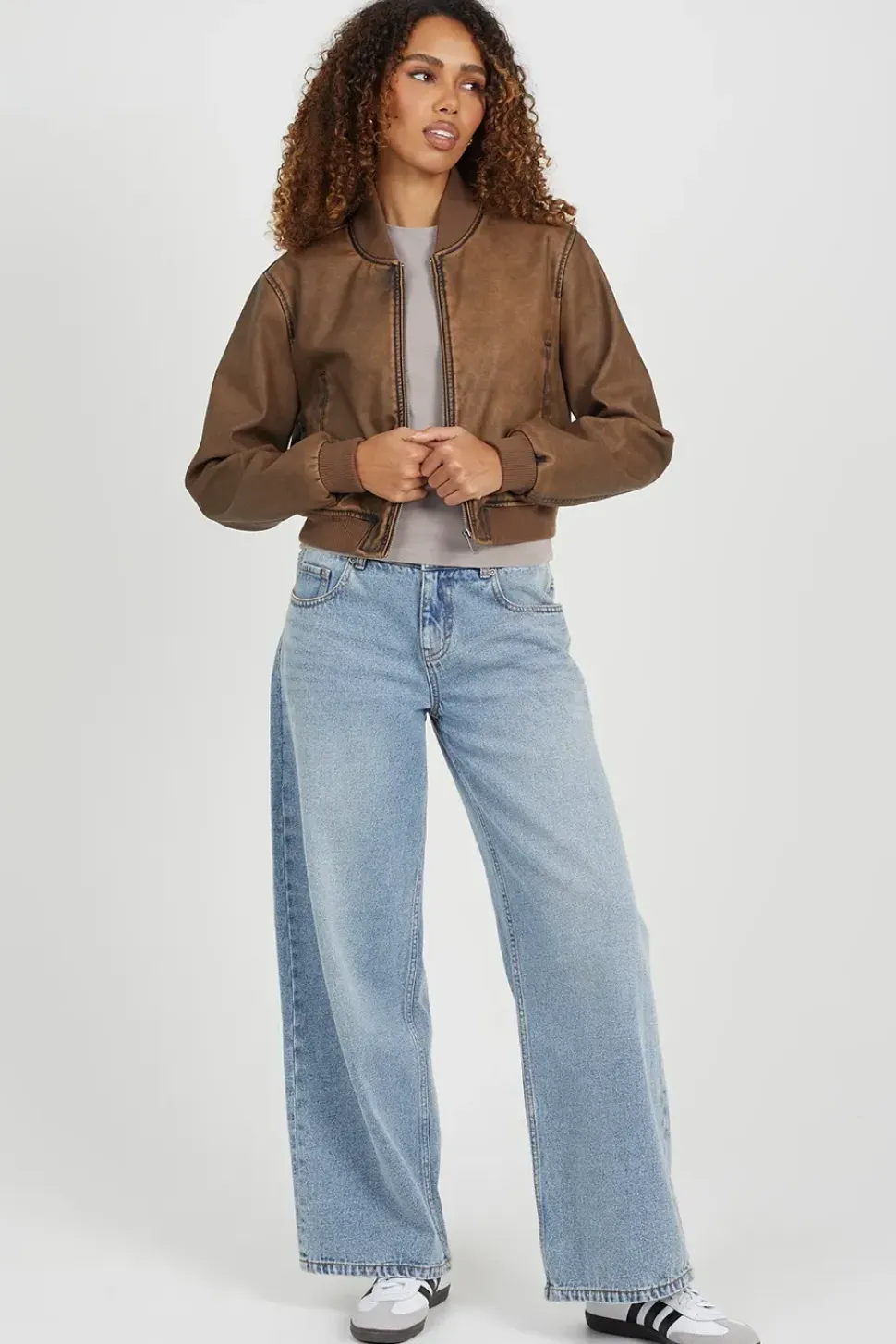 Vintage PU Cropped Bomber Jacket