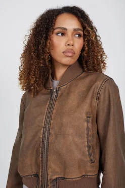 Vintage PU Cropped Bomber Jacket