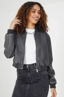 Vintage PU Cropped Bomber Jacket