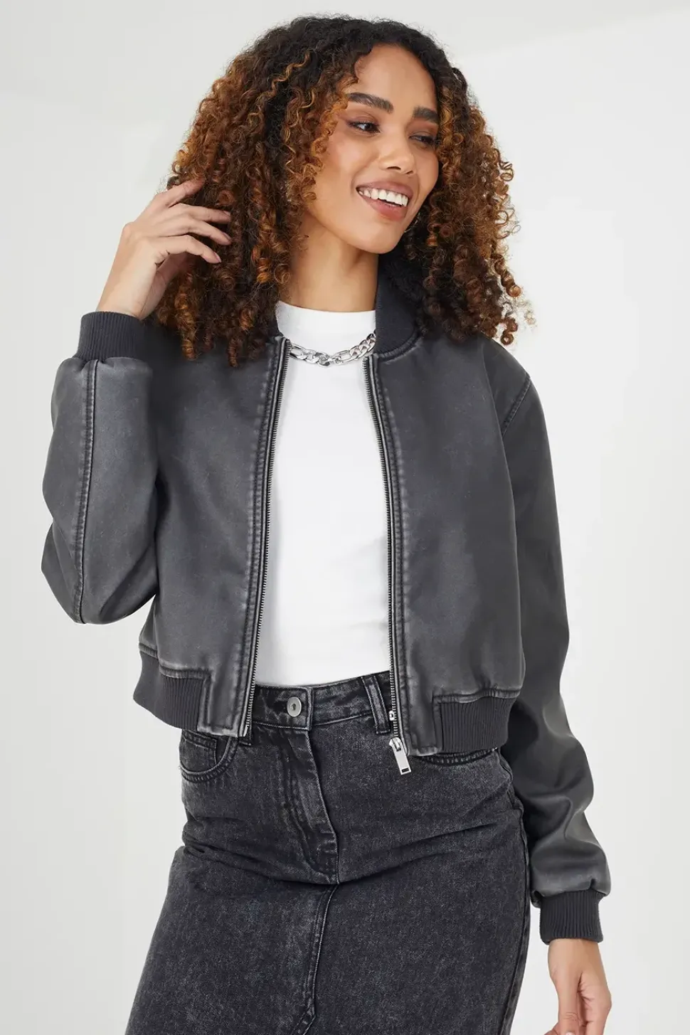 Vintage PU Cropped Bomber Jacket