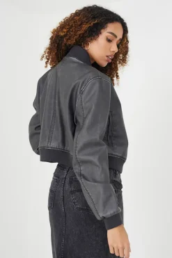 Vintage PU Cropped Bomber Jacket